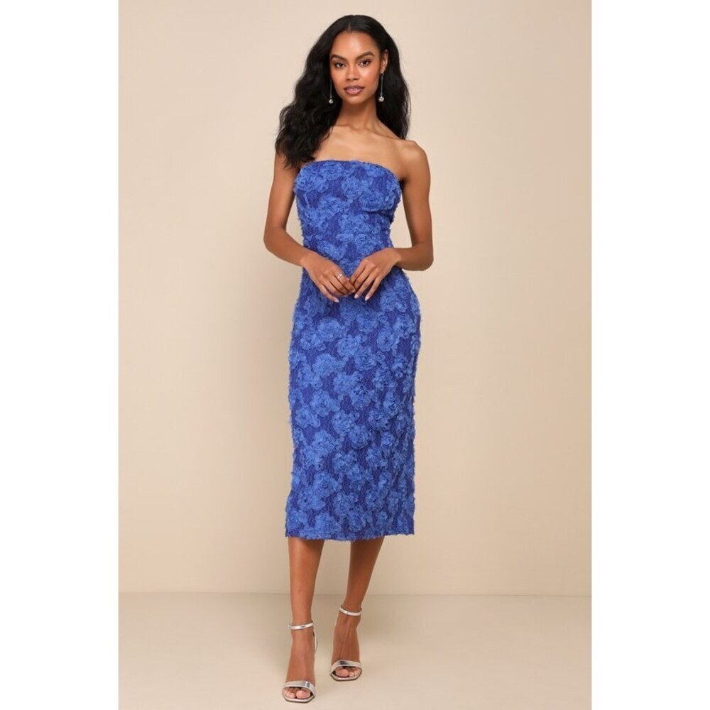 Lulus Flawless Perfection Blue Floral Applique Strapless Midi Dress - Size M